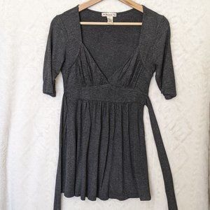 Grey Long Tunic Top with Tie Waist & Gathered Bodice